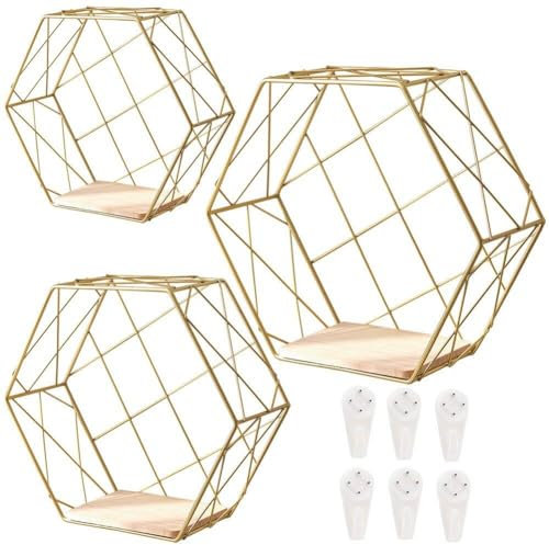 Lipfer 3pcs Sechseck Wandregale Gold Metall Hexagon Schwimmende Regale Moderne Wandregal Lagerregal Wanddekoration Für Schlafzimmer Wohnzimmer Küche
