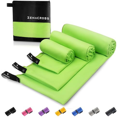 ZENACROSS Mikrofaser Handtuch (3er-Set) mit Transportbeutel - Schnelltrocknendes und vielseitiges Fitness Handtuch - Sporthandtuch Größen S, M, L - Grün