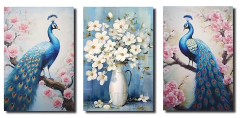 LZIMU Pfauen Leinwand Bilder 3 teilig blaue Pfauen und Vasenmalerei Drucke elegantes Vogelbild Vintage Kunstwerk für Schlafzimmer Wohnzimmer (Bild-1, (28.00 x 35.00 cms x 3 Teilig))