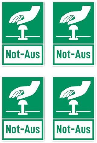 Aufkleber: 112.5x75 mm, 4 Stück - Not-Aus - Rettungszeichen mit Text (deutsch) (grün/weiß) - hochkant - E020 - DIN EN ISO 7010 / ASR A1.3
