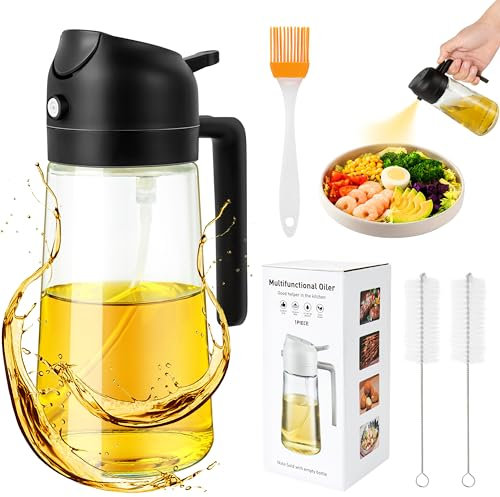 Ponpon Pulverizador de aceite para cocinar, botella de spray de aceite de oliva de 16 onzas, dispensador de aceite para cocina para barbacoa, ensalada, cocinar, hornear (negro)