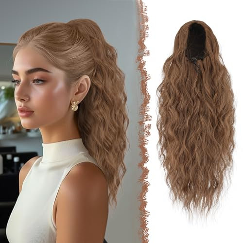 FESHFEN Pferdeschwanz Haarteil mit Kordelzug, Lange Wellen Zopf Verlängerung Haare Extensions Synthetik Wellig Haarverlängerung Clip in Ponytail für Damen, 45 cm Braun & Hellbraun Gemischt