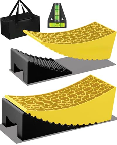 Auffahrkeile für Wohnmobil,2 Unterlegkeile für Anhänger, 2 Anti-Rutsch-Matten, 1 Wasserwaage und Tragetasche für Wohnmobile und Wohnwagen bis 15,8 t – Einfaches Nivellieren auf jedem Untergrund(gelb)