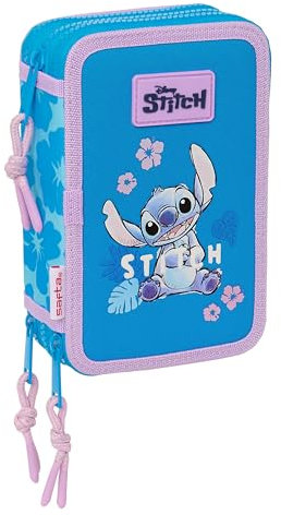 Stitch Hawaii Schulmäppchen mit 36 Utensilien, Federmäppchen für Kinder, ideal für Kinder von 5 bis 14 Jahren, bequem und vielseitig, Qualität und Widerstandsfähigkeit, 12,5 x 5,5 x 19,5 cm, Blau,