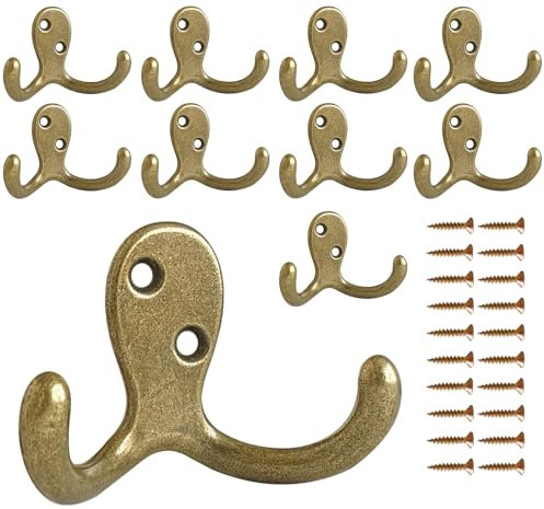 CBWLWJ Coat Hooks 10 pcs Wall Hooks for Hanging，Heavy Duty Double Coat Hooks Wall Mounted ，with 20 Screws，Antique Brass Hooks for Hanging Coat，Bag，Hat，Towel，Scarf，Key，Cup