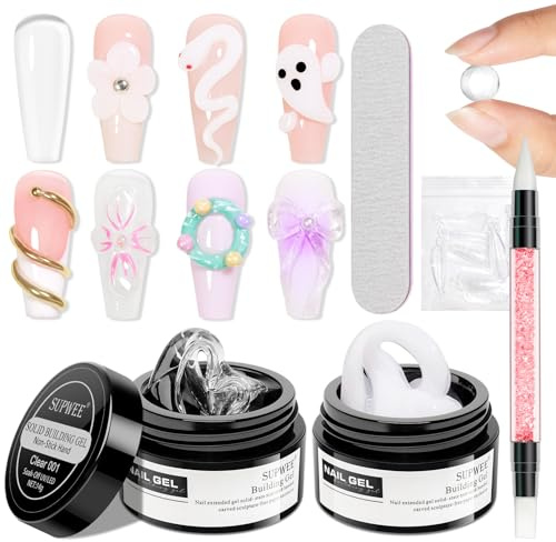 SUPWEE 3D Nail Art Gel Clear and White Solid Builder Gel for Nails Non-Stick Hand Sculpture Hard Gels with Dual Form for Carving Patterns Decoration Nail Art Home Manicure DIY