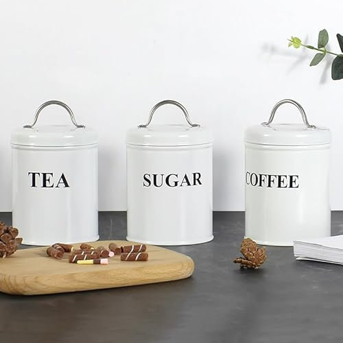 Tea Coffee Sugar Canisters, 3 Piece of Metal Food Storage Tin, Kitchen Canister Set with Metal Tray, Dry Food Storage Containers for Tea Coffee & Sugar-White
