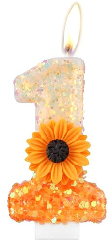 Orange Daisy Birthday Candles, Orange Flower First Birthday Candle, Flower Number 1 Candles for Cake, Girls Boys 1st Birthday Decorations,Daisy Themed Party for Girls Boys Birthday Party Decorations