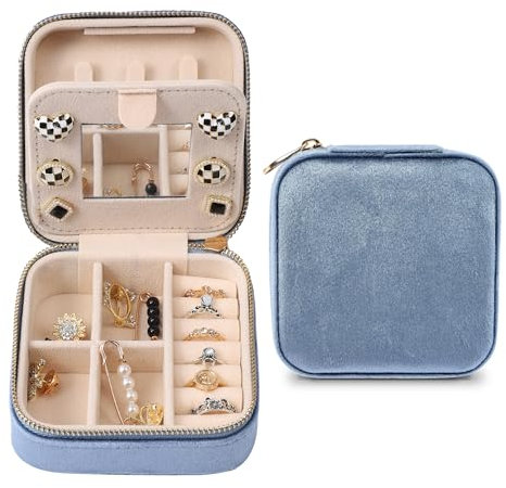Dajasan Reise Schmuckkästchen, Klein Schmuckaufbewahrung, Schmuckschatulle für Damen Mädchen, Samt Schmuck Organizer, Schmuckbox für Ringe, Ohrringe, Halskette, Armbänder (Blau)