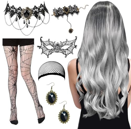 Halloween Gothic Schmuck Perücke, Halloween Schmuck Perücke, mit Perücke Grau Lang, Spinnen Strumpfhose, Ohrring, Armbänder, Augenmasken, Halsketten, für Halloween, Karneval, Mottopartys