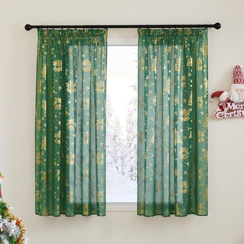 PONY DANCE Tende Natalizie per Finestre Tende Cameretta Bambini Tende Corte Decorazioni Natalizie per Tende per Interni con Fettuccia 2 Pezzi 140x160 CM, Verde Scuro