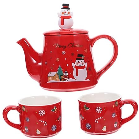MAGICLULU Set Teiera Natalizia in Ceramica Rossa Decoro Pupazzo Di Neve, Bollitore Portatile e Due Tazze Sovrapponibili, Servizio Tè Per Casa in Stile Retrò