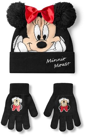 Disney Minnie Mouse Set aus Mütze und Handschuhen für Mädchen | Schwarze gestrickte Wintermütze mit Bommeln und roter Schleife | Kinder-Mütze und Handschuhe in Einheitsgröße mit Gesicht