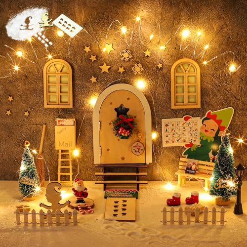 BOLWEO Wichteltür Set, 56 Stück Wichtel Zubehör Weihnachten Weihnachtswichtel Tür Set mit 2pc Weihnachtsdeko Licht, mit Wichtel Schablone, Feentür Wichtel Set für Advent, Weihnachten Geschenke