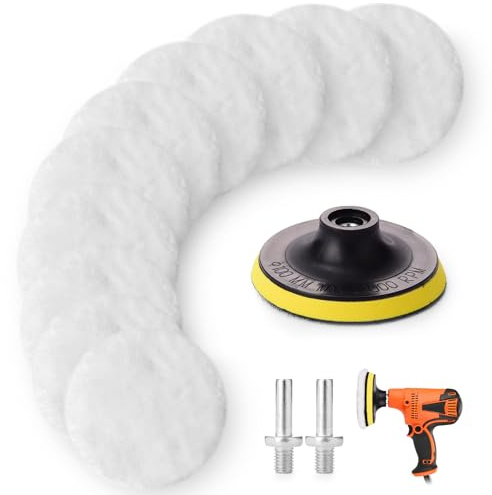 10 Pcs Polishing Pads for Drill, 4.3 Inch Car Polishing Pads Kit | Soft Wool Buffing Pads, with Backing Plates, M10 Drill Adapter, for Car Furniture Polishing Waxing, Sanding, Sealing Glaze
