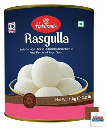 Haldiram Indian Sweets 1KG Gulab Jamun Tin | Rasgulla Tin Popular Indian Sweets For Every Occasions Rich Flavour/Dessert/Sweet Gifts/Festival/Celebrations Boxed Treatz (1KG, Rasgulla)