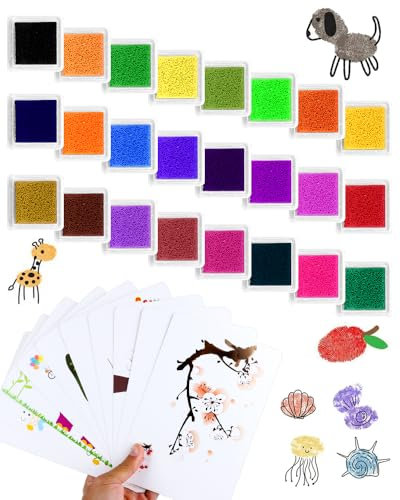 Friedwohl Stempelkissen Set, 24 Farben Stempelkissen Fingerabdrücke Set, mit 30 Finger-Zeichenkarten, Ungiftig Abwaschbar Stamp Pad Bunte Stempelkissen, für Papierarbeiten, DIY, Handwerk, Scrapbook