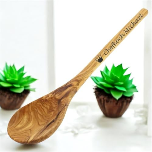 Kochlöffel aus Olivenholz personalisiert mit Gravur Chefkoch Lehrer/in mit Herz Küchenhelfer (Kochlöffel Olivenholz rund 30 cm)