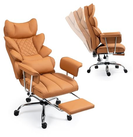 LONXIU Bürostuhl mit Fußstütze - Ergonomischer Gaming- und Chefsessel mit 360° Drehfunktion, 90-135° Verstellbarer Rückenlehne und weichen Armlehnen für optimalen Komfort (Regulär, Braun)