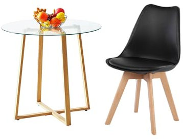 H.J WeDoo Esszimmergruppe Esstisch mit 1 Stühlen Essgruppe, Rund Tisch Glas und Esszimmerstühle Sitzgruppe für Balkon, Esszimmer, Küche, Wohnzimmer(Glas Tisch+1 Schwarz Stühle)
