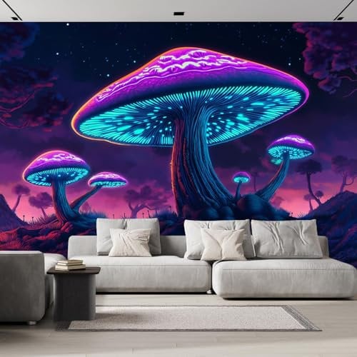 DLERFLOVR Neon Mushrooms Photo Wallpaper 3D Effect 200x140cm Sci-Fi Elements Wall Mural Large Poster Bedroom Living Room Hallway Sofa Backdrop Wall Decor