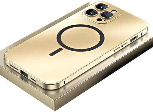Generisch Fully Wrapped Mobile Phone Case Magnetic Charging Alumianum Metal Bumper Matte Shell for iPhone 17/16/15/14/13/12, Alloy Magnetic Slim Case Camera Lens Protect (15pro,Champagne Gold)
