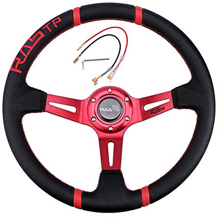 LUOKEKE Sportlenkrad Weiches Leder-Aluminium-Universal-14-Zoll-350-mm-Drift-Lenkrad/Leder-Autolenkrad geeignet Holzlenkrad(Red)
