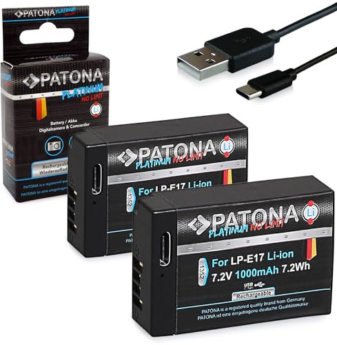 PATONA 2X Platinum LP-E17 Akku 1000mAh USB-C Input kompatibel mit Canon EOS RP R8 R10 R50 R100 77D 200D 250D 750D 760D 770D 800D 850D 8000D M3 M5 M6 Mark II Kiss X8i X9 Rebel SL2 SL3 T6i LPE17 LP E17
