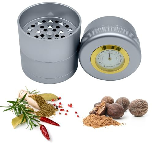 Premium Aluminium Grinder | Kräutermühle | ∅ 6,3 cm | 5-teilig | Hygrometer Anzeige | Abnehmbarem | Silbergrau