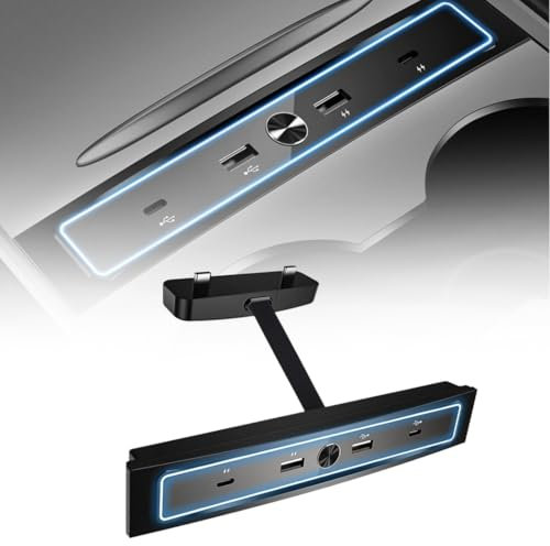 Tesla USB-Hub mit 4 Anschlüssen und blauem LED-Licht für Modell 3/Y (2021–2023), Lade- und Daten-Hub in der Mittelkonsole
