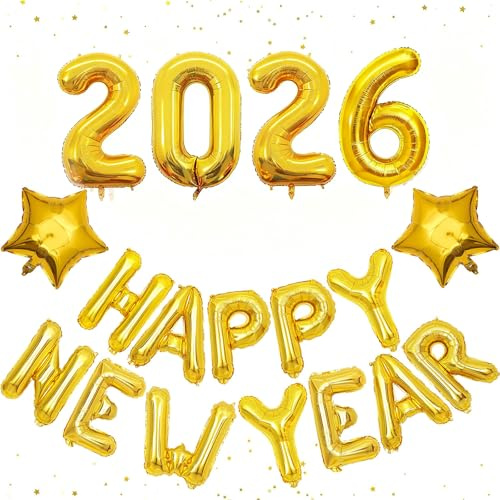 Silvester Deko 2026, 18 Stück New Year Decoration 2026 Set, Glänzende Gold Zahlen 2026 und Herz Folienballons, Helium Ballon Girlande mit Happy New Year Schriftzug