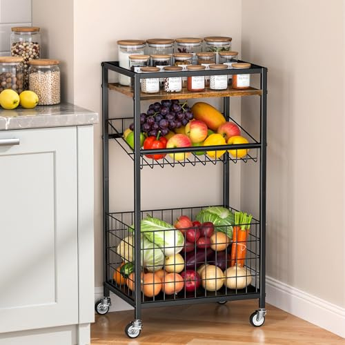 Kssiaz Carro de Cocina con Cesta de Fruta, Carro de Almacenaje 3 Niveles con Ruedas, Carrito para Aperitivos con Tapa de Madera, Organizador de Despensa para Fruta, Verdura y Aperitivos, Marrón