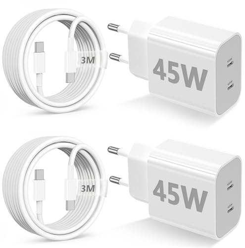 Rantuia 2Pack 45W Dual Port USB C Ladegerät, iPhone 17/16/15 Ladegerät mit 3M langem USB C Ladekabel, PD Schnellladung 3.0 für iPhone 17 16 15 Pro MAX, Galaxy S26 Ultra S25 S24 S23 S22 (Weiß)