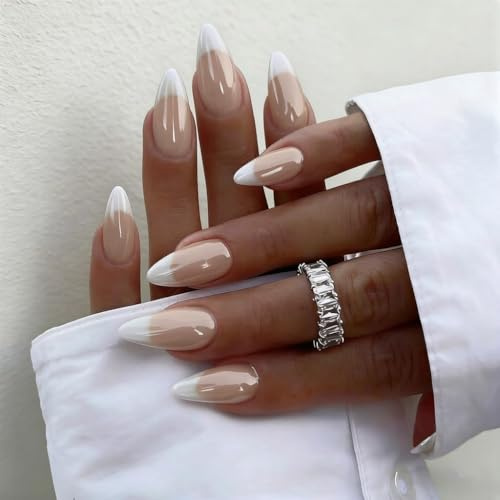 KQueenest Weiß Press On Nails French Tip - Chrome Künstliche Nägel zum Aufkleben French, Sparkle Natürlich Nude Fake Nails Almond, Glänzend Acryl Nägel Press ons für Damen Hochzeit, 24 Stück