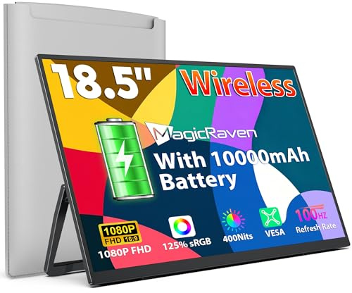 MAGICRAVEN Wireless Portable Monitor 18.5 10000mAh Battery, Laptop Screen Extender FHD 1080P IPS Portable Screen with Speakers/VESA, Second Screen for Laptop/PC/Phone/Games, Support AirPlay/Miracast