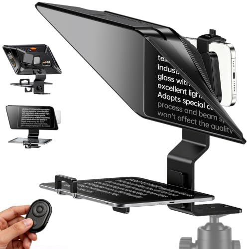 LENSGO TC12P Teleprompter für Smartphone, 11,98 Zoll HD Weitwinkel unterstützt iPad/Tablet bis zu 18,5 cm - Beam Splitter Glas mit Bluetooth Fernbedienung - Weitwinkel Unterstützung für YouTube