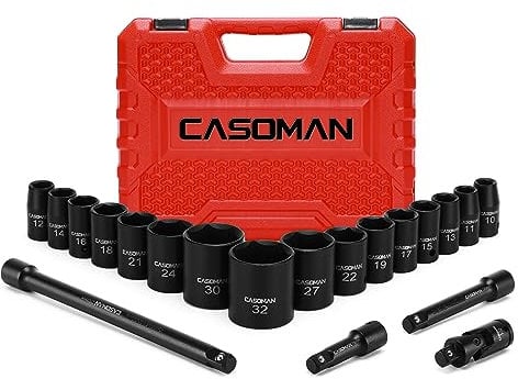 CASOMAN 1/2-Inch Drive Shallow Impact Socket Set, Metric, 10mm-32mm, CR-V, 6-Point, 20-Piece 1/2 Shallow Sockets Set with Extension Bar and Universal Joints.
