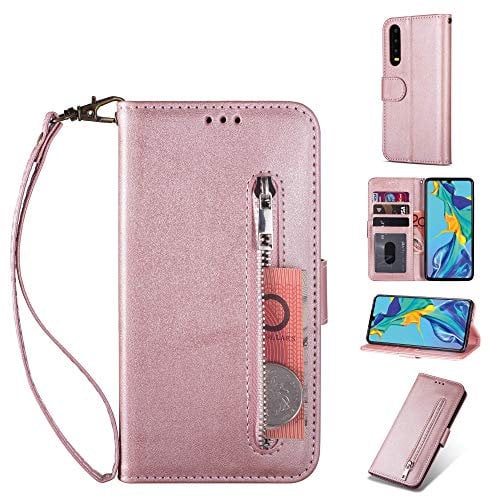 ZTOFERA Hülle für Huawei P30 Pro, Magnetisch Folio Flip Wallet Leder Standfunktion Reißverschluss schutzhülle mit Trageschlaufe, Brieftasche Hülle für Huawei P30 Pro - Roségold