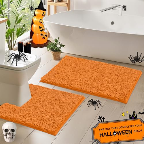 Orange Badezimmerteppiche, Chenille, 2-teiliges Badematten-Set, weicher Plüsch-Badteppich und WC-Vorleger, 2,5 cm Mikrofaser, zotteliger Teppich, super saugfähig, maschinenwaschbar, quadratisch,