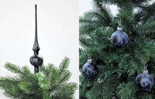 JACK by Thüringer Glas Eislack Christbaumspitze 28cm + 12x Christbaumkugeln 6cm Spitze Weihnachtskugel Set, Farbe:Schwarz Eislack