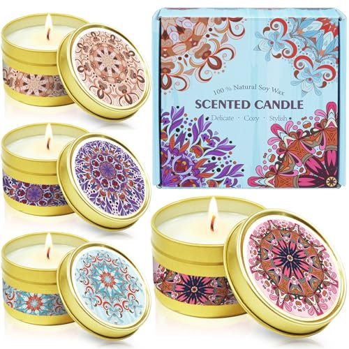 SCENTORINI Duftkerze Sojawachs Aroma Kerzen in Dose 4er Duftkerzen Geschenkset, Duft von Apfel Zimt, Leinen, Rose & Sandelholz, Lavendel & Vanille, für Weihnachten, Lehrer Geschenk