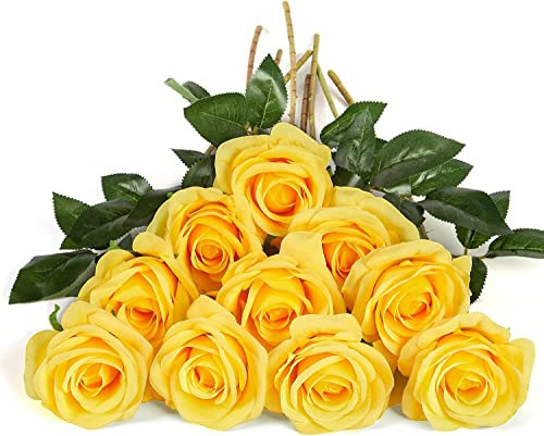 DuHouse 10 rose finte fiori di seta artificiali fiori di rosa finto fiore lunghi steli bouquet per organizzare matrimoni centrotavola festa casa decorazione cucina (giallo puro)