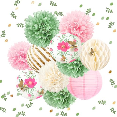 NICROLANDEE Schmetterling Garten Baby Party Dekorationen – 12 Stück Grün Rosa Seidenpapier Pompoms Papierlaterne 3D Gold-Konfetti 50g für Feen-Party, Hochzeit, Geburtstag, Ostern, Muttertag, Urlaub