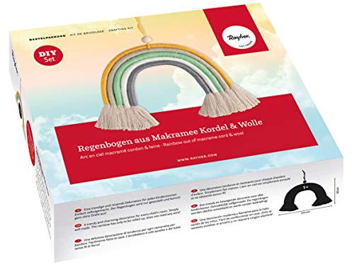 Rayher 55946999 Bastelpackung Makramee Regenbogen, Kordel und Wolle, ca. 25 x 20 cm, Regenbogen Dekoration