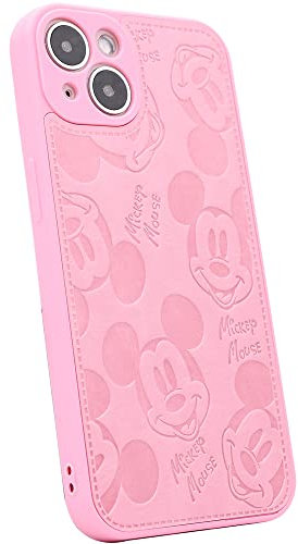 iPhone 13 Case, Cute Cartoon Mickey Mouse Solid Color PU Leather Skin Soft TPU Case for iPhone 13 6.1 inch 2021 (Pink)