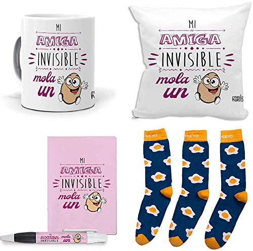 mundohuevo Mega Regalo Personalizado Divertido Amiga Invisible. Mi Amiga Invisible Mola un Huevo. Taza, cojin, libreta, boli y Trio de Calcetines