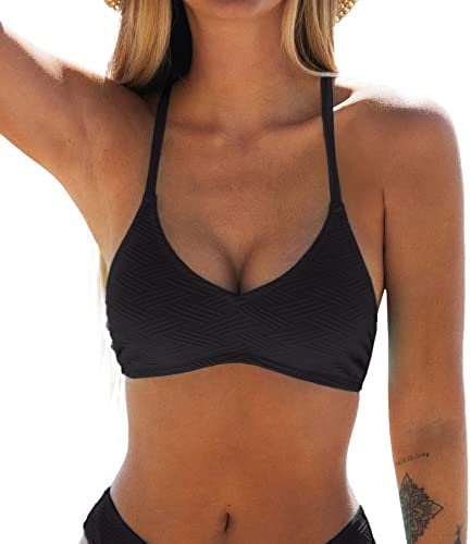 CUPSHE Damen Bikini Oberteil Neckholder Bikini Bademode U Ausschnitt Texturiert Bikini Top Schwarz S