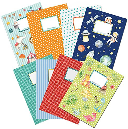 Papierdrachen 8 hochwertige Heftumschläge aus Papier für Kinder | DIN A4 | Motiv Weltall & Dinos - Heftschoner - Heftumschlag 250g/m² - Set Nummer 3