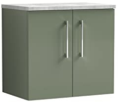 nuie ARN823LBG Arno Modern Bathroom Wall Hung 2 Door Vanity Unit with Bellato Grey Laminate Worktop, 561 x 605 x 390mm, Satin Green