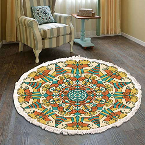 Runder Bohemian Teppich - Mandala Muster Mit Quasten, Waschbarer Baumwolle Für Wohnzimmer Und Schlafzimmer (60cm, Gelb-Grün)